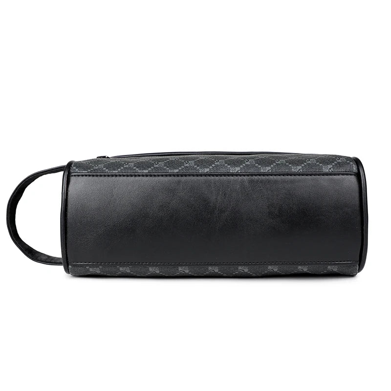 Black PU leather crossbody bag with a subtle patterned trim.