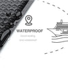 Close-up view of a black waterproof material with bubbles and a line drawing of a boat labeled as waterproof.
