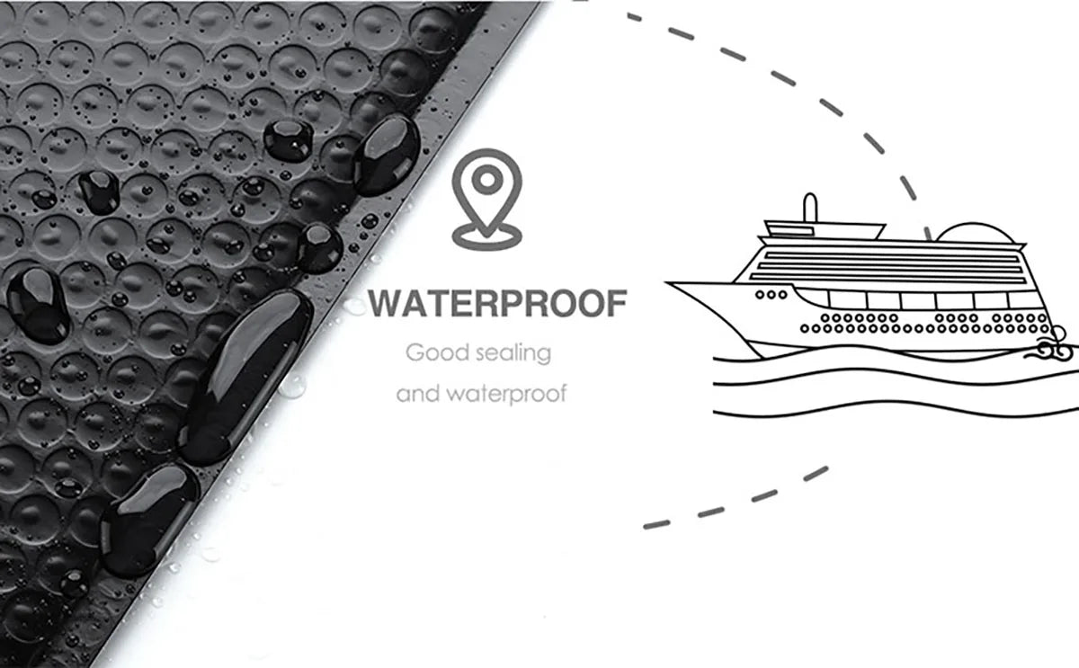 Close-up view of a black waterproof material with bubbles and a line drawing of a boat labeled as waterproof.