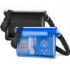 A blue waterproof mobile phone pouch with a black strap is shown.