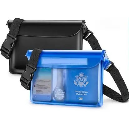 A blue waterproof mobile phone pouch with a black strap is shown.