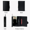 Front, back, side, and interior views of a black carbon fiber RFID pop-up card holder.