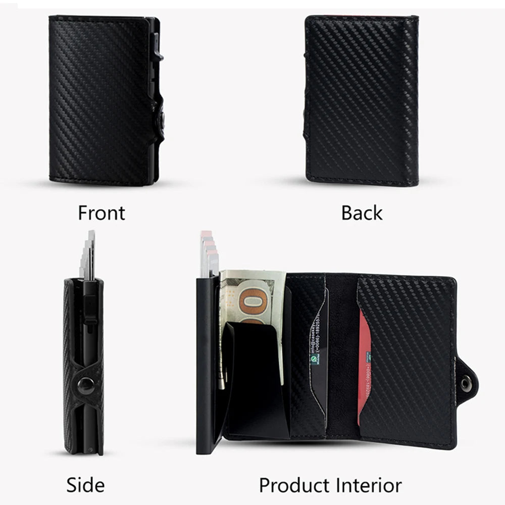 Front, back, side, and interior views of a black carbon fiber RFID pop-up card holder.