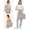 A woman is shown holding a light beige quilted tote bag in various poses.