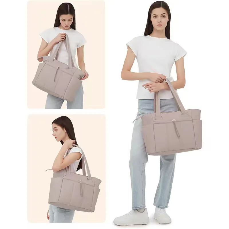 A woman is shown holding a light beige quilted tote bag in various poses.