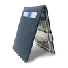 A dark blue slim leather bifold wallet with a money clip showing US currency inside.