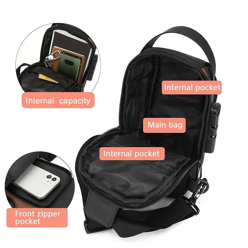 Black durable men's oxford sling bag shown with various internal and external pockets.