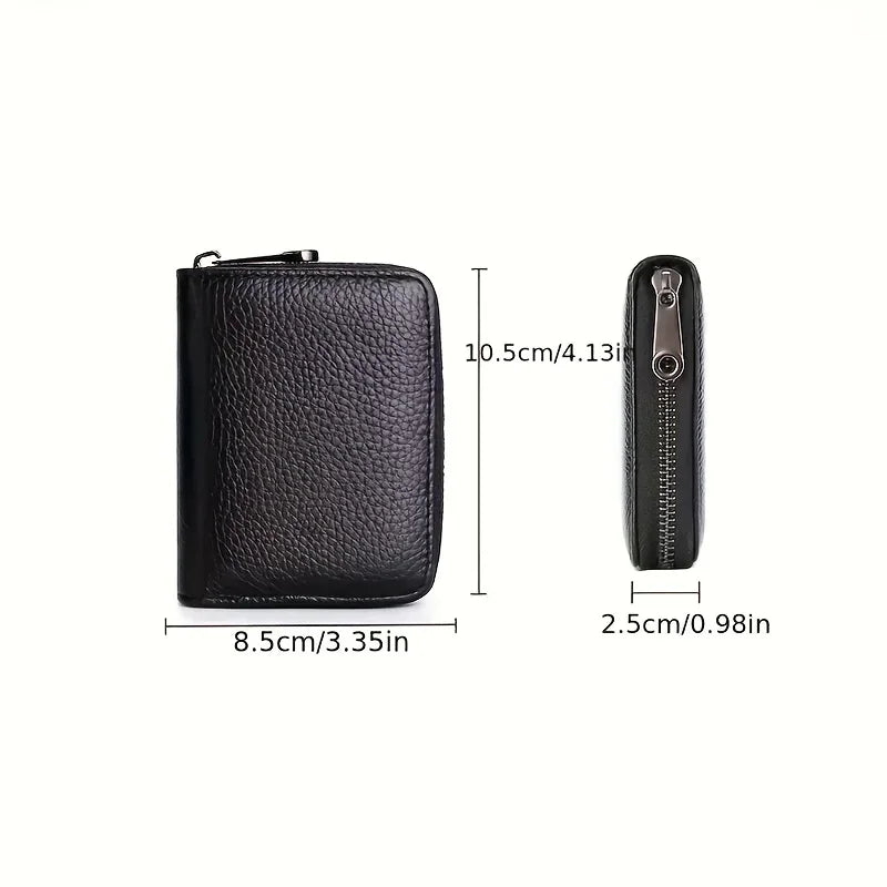 Black minimalist RFID blocking card wallet with a zipper pouch shown in profile view.