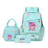 A teal patterned backpack featuring a light blue scale design and pink accents, with a matching pouch visible.