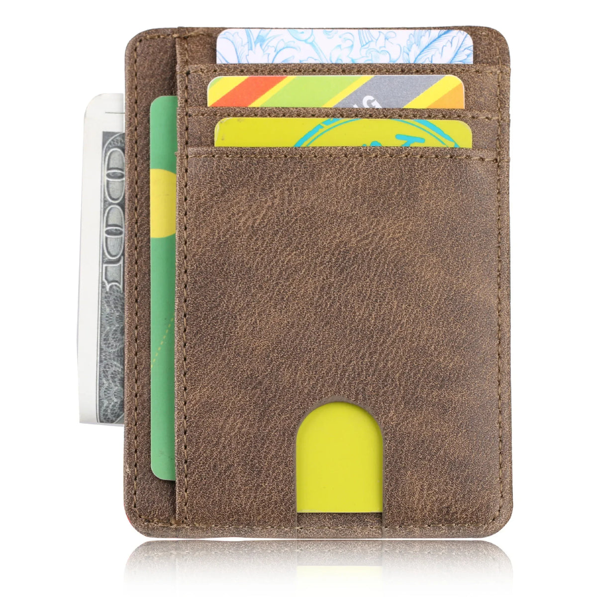 A brown slim PU leather card holder wallet with a slot for a credit card.