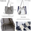 A striped canvas tote bag with a handle and inner pocket shown in various views.