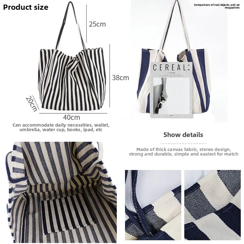 A striped canvas tote bag with a handle and inner pocket shown in various views.