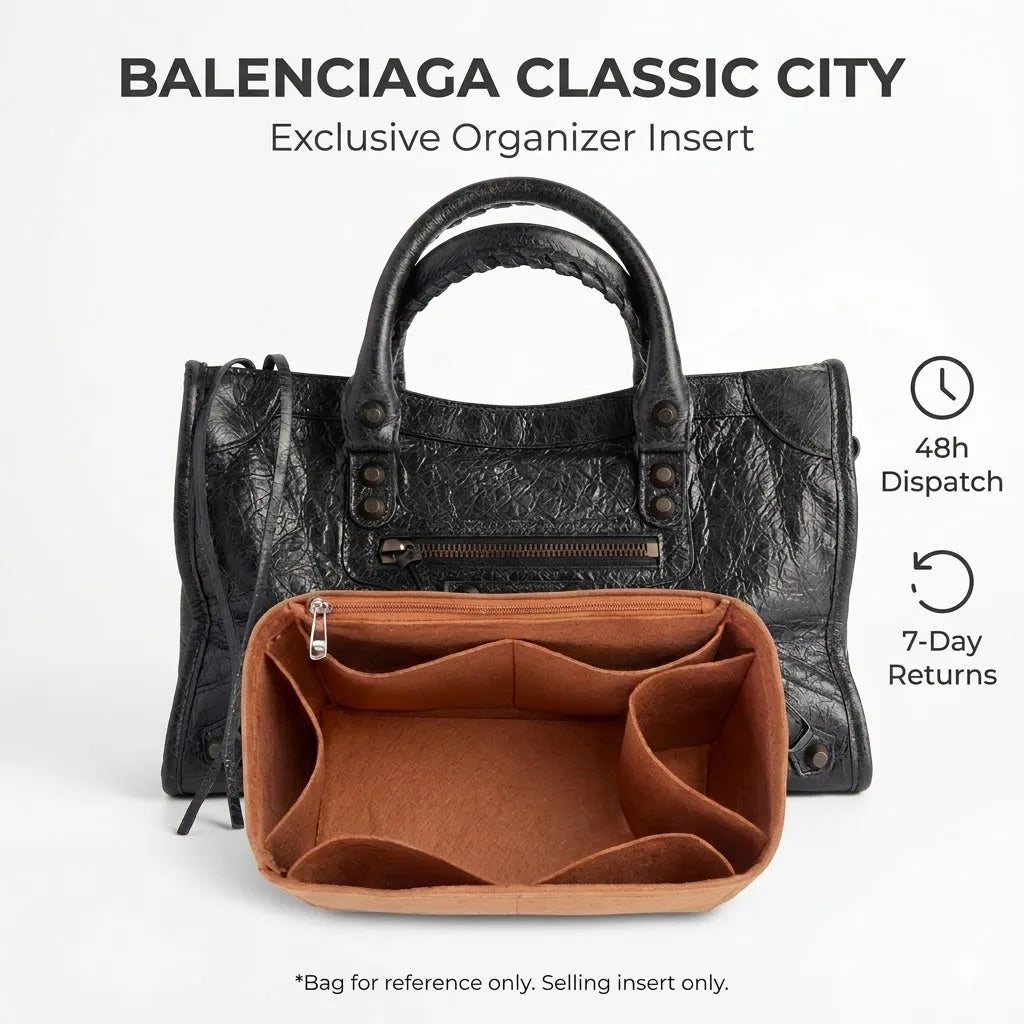 A black Balenciaga Classic City organizer insert featuring a brown felt pocket for organization.