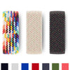 Three braided solo loop stretch bands in multicolored, beige, and black.