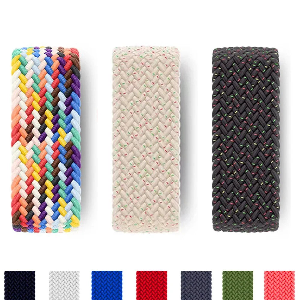 Three braided solo loop stretch bands in multicolored, beige, and black.