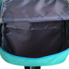 A close-up view of a purple and teal robot backpack with a dark gray fabric lining.