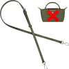 A dark olive green leather crossbody strap with a rectangular pouch featuring a red cross design.