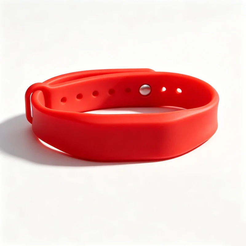Bracelet silicone rouge vif avec un petit clou argenté, montré à plat sur fond blanc.