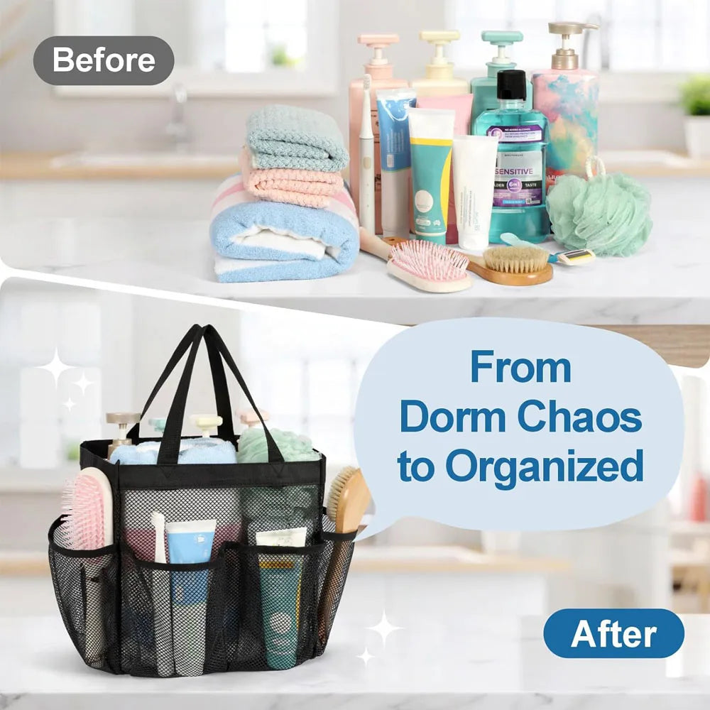 Before and after comparison showing a portable mesh shower caddy organizing bath products.