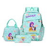 A teal patterned backpack featuring a purple unicorn design and a matching pouch.