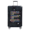 A black stretch fabric luggage protection cover with silver handles and wheels.