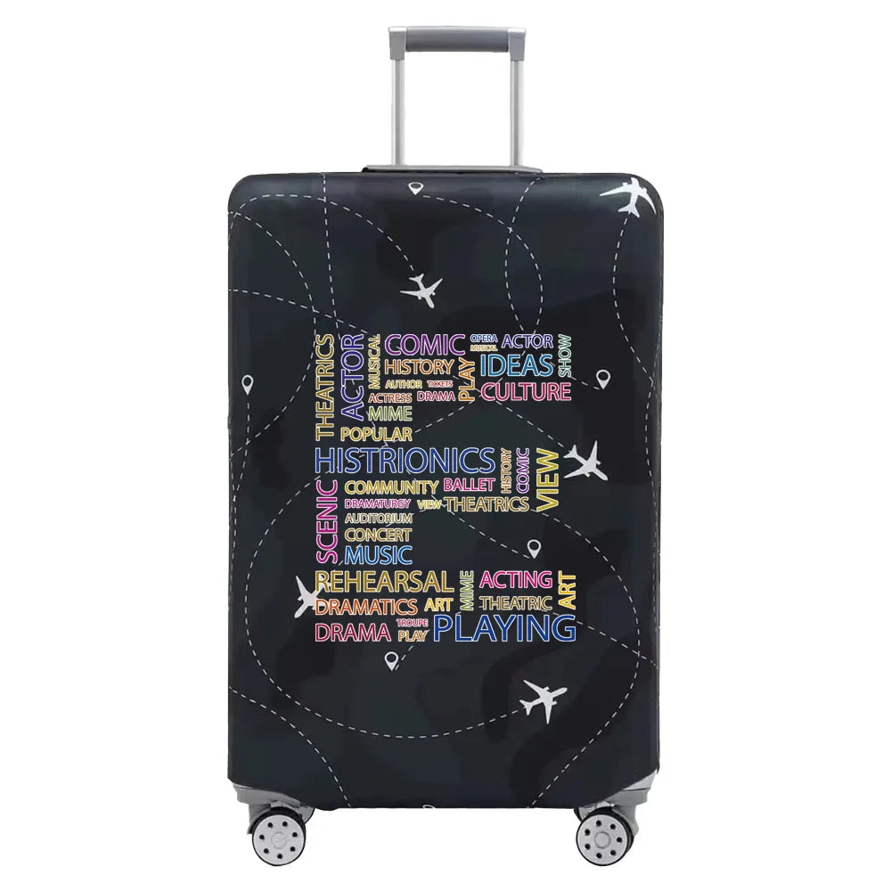 A black stretch fabric luggage protection cover with silver handles and wheels.