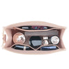 A light pink felt purse organizer showing various small items like jewelry, sunglasses, and cosmetics organized in compartmen