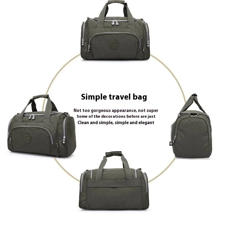 A collection of dark olive green nylon travel bags shown in various views and angles.