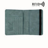 A grey leather passport holder with a black strap and slots for a SIM card.