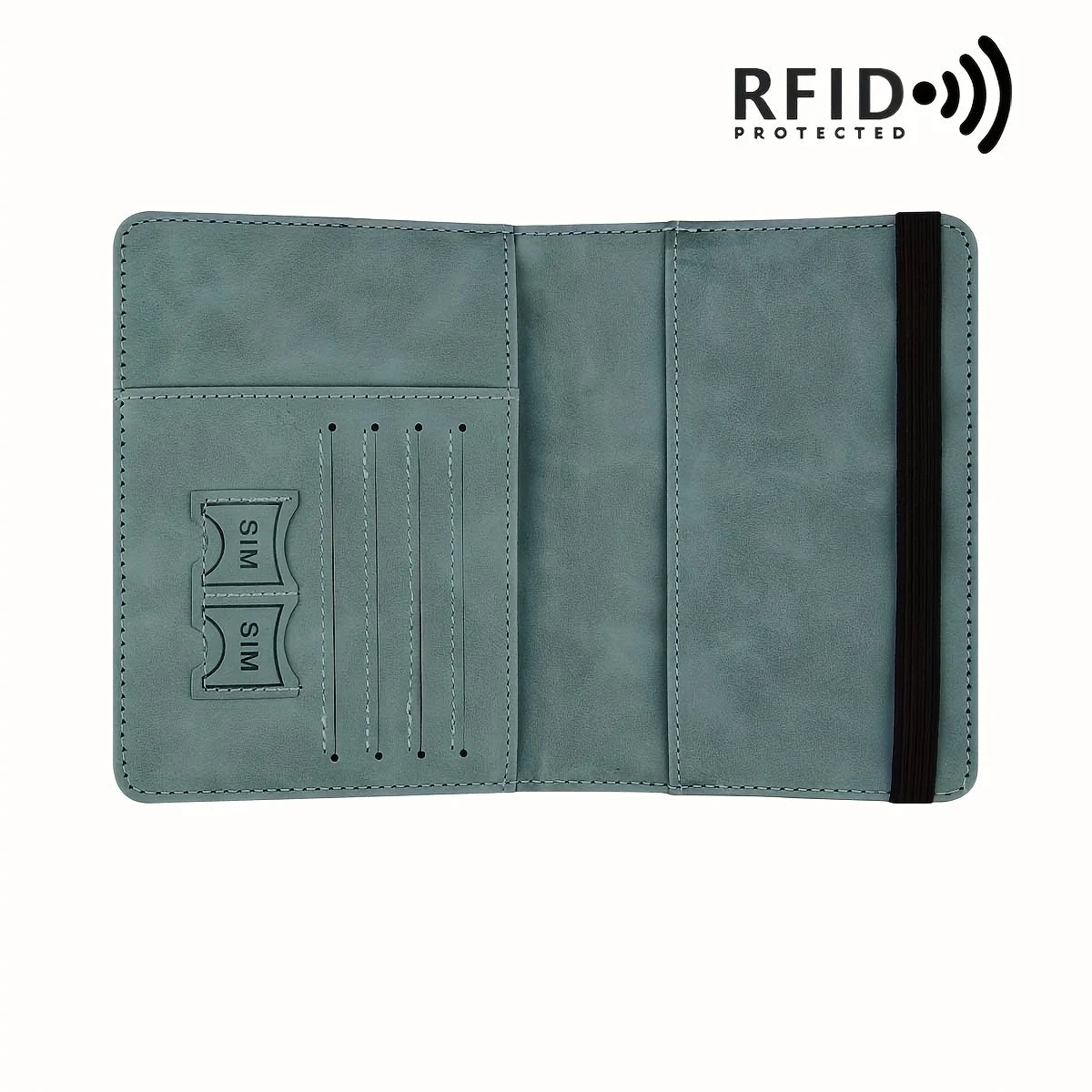 A grey leather passport holder with a black strap and slots for a SIM card.