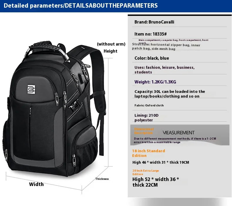 A black laptop backpack shown from the front, displaying detailed dimensions and features.