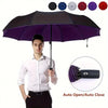 A man holds a purple automatic umbrella with various color options, demonstrating its auto open/close feature.
