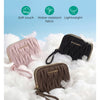 Three shades of soft fabric coin purses and card holder wallets displayed on fluffy white clouds.