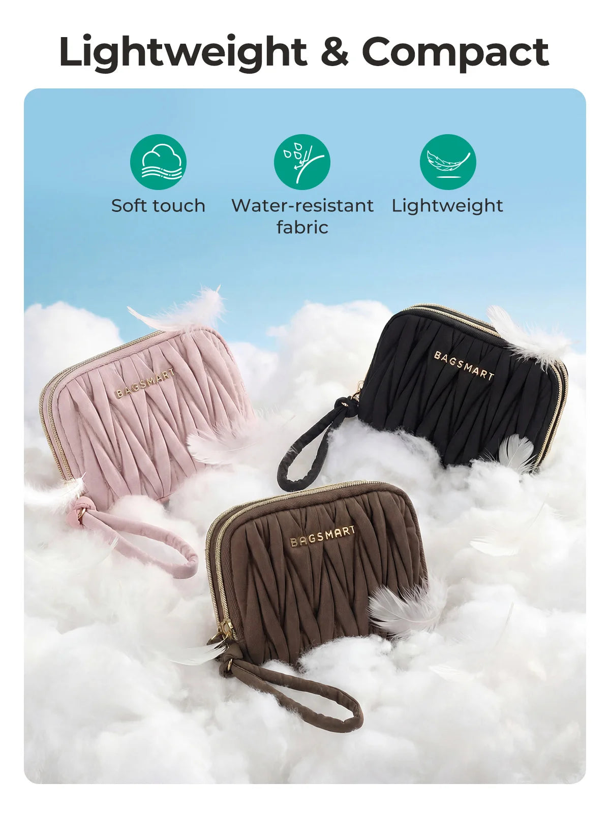 Three shades of soft fabric coin purses and card holder wallets displayed on fluffy white clouds.