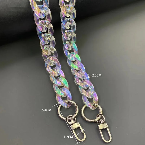 Iridescent acrylic chunky chain strap for bags and jewelry shown against a dark background.