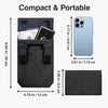 A compact black slim anti-theft belt wallet with hook and loop closure shown next to a smartphone.