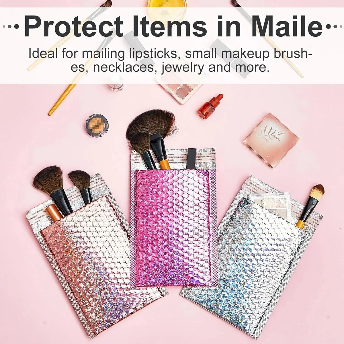 Holographic bubble mailers with self-seal closure protecting cosmetics and jewelry