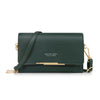 A dark green women's multi-card shoulder wallet with gold hardware.