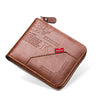 A brown vintage PU leather zipper wallet with a leather strap and embossed initials.