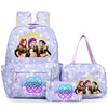 A purple nylon backpack set featuring illustrations of three female characters on the front