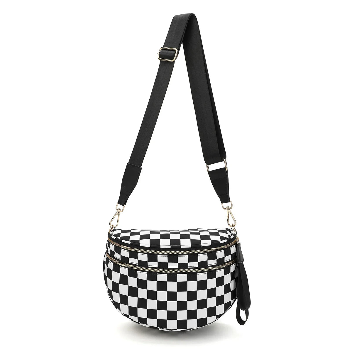 Schwarz-weiß karieriges Karofach-Crossbodybag mit schwarzem verstellbarem Riemen