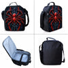 A set of three cartoon spider backpacks featuring red and black designs.