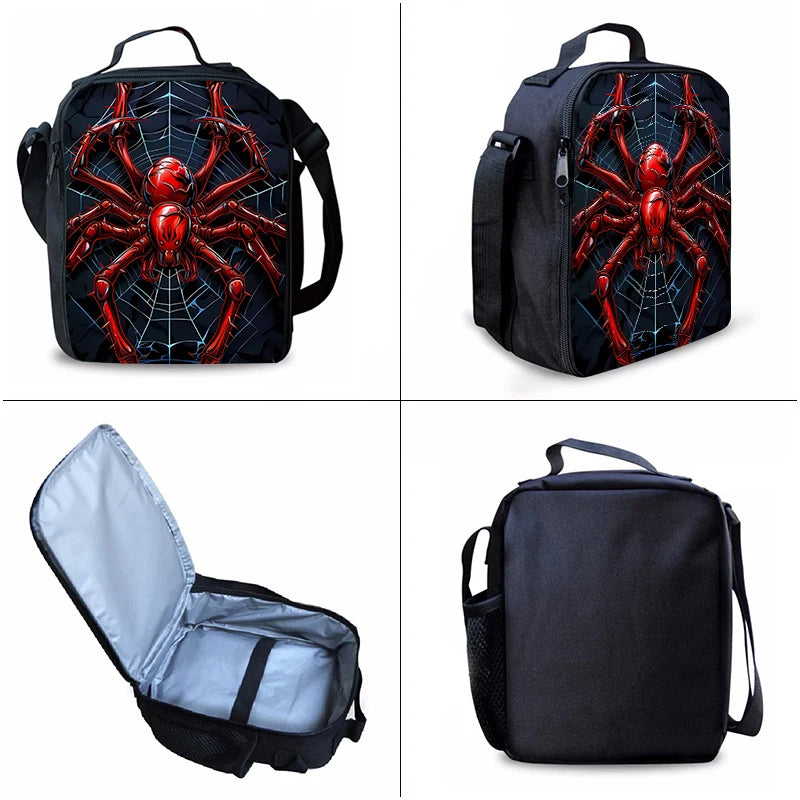 A set of three cartoon spider backpacks featuring red and black designs.