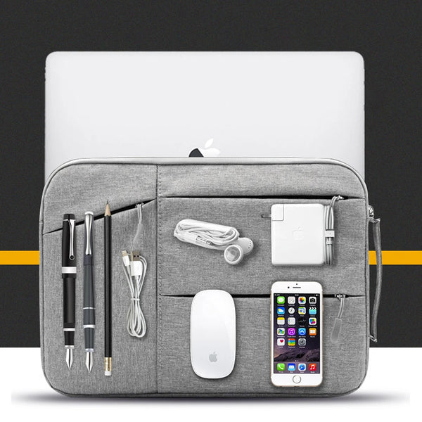 A gray laptop sleeve for a MacBook containing various pens, cables, and a smartphone.