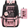 Pink and black canvas backpack featuring a catseye design and a print of girls.