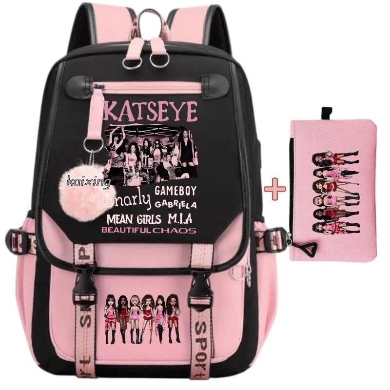 Pink and black canvas backpack featuring a catseye design and a print of girls.