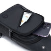Black men's adjustable chest crossbody sling bag with a zippered pocket and a smartphone visible.