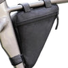Una bolsa de almacenamiento con cremallera negra está montada en un cuadro de bicicleta beige.