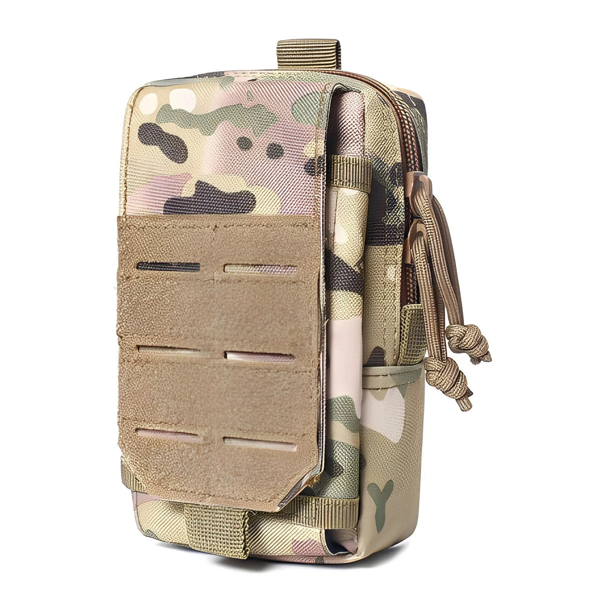 A tan and green camouflage tactical MOLLE waist pack for everyday carry gear.