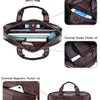 A brown genuine leather briefcase showing various internal and external pockets and compartments.
